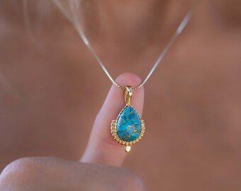 Copper Turquoise Pendant ~ Gold Plated over Sterling Silver ~ Necklace ~ minimalist ~ Delicate ~ Everyday Jewelry  ~MN143