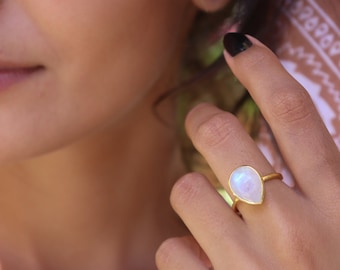 Rainbow Moonstone Tear Drop Ring ~ Gemstone ~ Natural ~ 18k Gold Plated ~ Jewelry ~ Handmade~June Birthstone - MR147