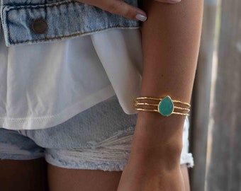 Aqua Chalcedony Adjustable Bracelet ~ Gold Plated 18k ~ Handmade ~Statement  Hippie ~Bohemian ~Jewelry ~Gift For Her ~Gemstone ~Body MB043