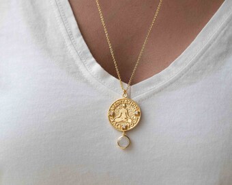 Moonstone, Labradorite or Aqua Chalcedony Meditation Peace Yoga Necklace ~ Charm ~ Gold plated 18k ~ Bohemian ~ Cubic zirconia ~ MN118