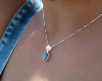 Labradorite, Aqua Chalcedony, Rose Quartz, Moonstone ~ Tear Drop ~ Sterling Silver ~ Charm ~ Layered ~ minimalist ~ delicate MN179