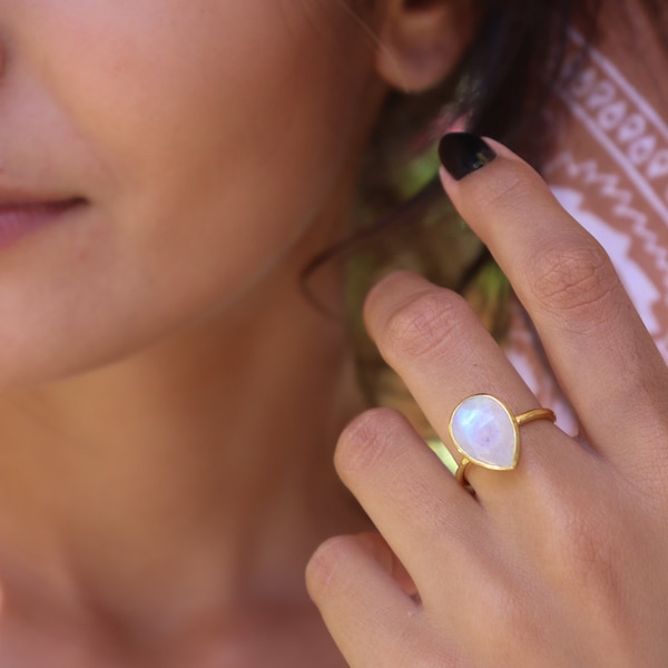 Rainbow Moonstone Tear Drop Ring ~ Gemstone ~ Natural ~ 18k Gold Plated ~ Jewelry ~ Handmade~June Birthstone - MR147