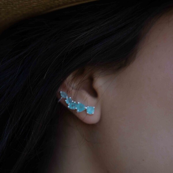 Aqua Chalcedony Ear Climber Earrings ~Stud ~ Jewelry ~ Sterling silver ~ Natural ~ Minimalist Everyday ~ Gift for Her ~ Boho ~Hippie~ ME166