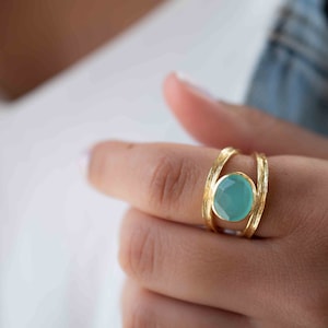 Aqua Chalcedony Gold Ring ~ Tear Drop Ring Delicate ~ 18k Gold Plated~Handmade~Gemstone~Statement~Everyday~Bohemian~ May Birthstone MR309