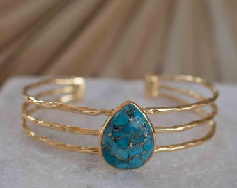 Copper Turquoise Adjustable Bracelet ~ Gold Plated 18k ~ Handmade ~Statement  Hippie ~Bohemian ~Jewelry ~Gift For Her ~Gemstone ~Body MB044