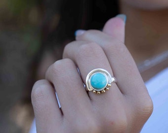 Turquoise Ring ~ Mix metals ~ oval shape ~Sterling Silver 925 and brass ~ Handmade ~ Gemstone ~ Statement~ December Birthstone MR279