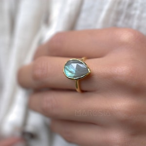 Rainbow Labradorite Tear Drop Ring Gemstone Natural 18k Gold Plated Jewelry HandmadeFebruary Birthstone MR009 image 6