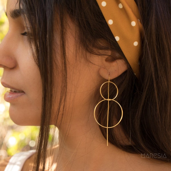 Threader Earrings ~ 18k Gold Plated or Silver Plated Earrings ~ Circle~  Geometric ~Dangle Earrings ~ Handmade ~ Jewelry ~ ME095