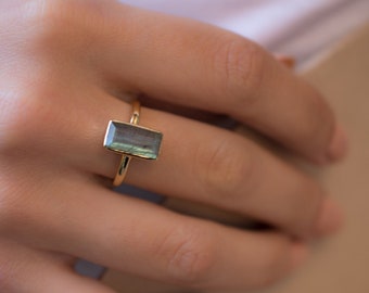 Rainbow Labradorite Ring ~ Rectangular Stone~ Gemstone ~ Natural ~ 18k Gold Plated ~ Jewelry ~ Handmade~February Birthstone - MR010