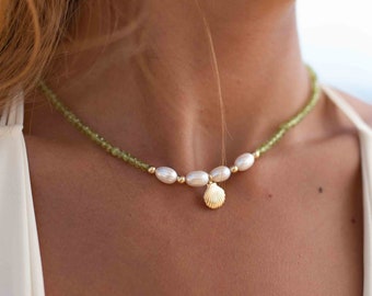 Peridot and Pearl Necklace~ Sterling Silver 925 or Gold Filled