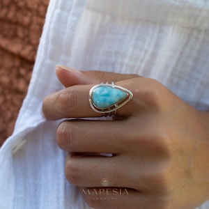 Larimar Ring ~ Statement ~ Gemstone ~ Semi Precious Stone ~ Blue ~ White ~ Natural ~ Organic ~ Sterling Silver 925~Tear Drop~Thin Band~MR265