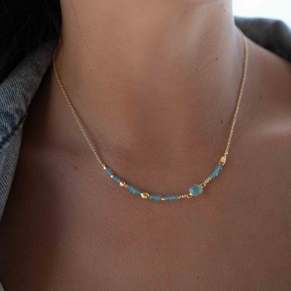 Aqua chalcedony Necklace ~ Gold Plated 18k ~Choker ~ Jewelry ~ Gift For Her ~ Minimalist~ Handmade~ Thin Chain~ Delicate ~Layered ~ MN108