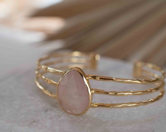 Rose quartz Adjustable Bracelet ~ Gold Plated 18k ~ Handmade ~Statement  Hippie ~Bohemian ~Jewelry ~Gift For Her ~Gemstone ~Body MB045