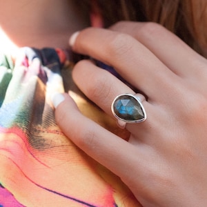 Rainbow Labradorite Ring Statement Big Tear Drop Gemstone Natural Sterling Silver 925 HandmadeColorful Organic Gift MR027 image 1