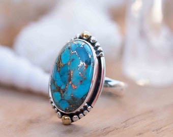 Copper Turquoise Ring ~ Mix metals ~ oval shape ~Sterling Silver 925 and brass ~ Handmade ~ Gemstone ~ Statement~ December Birthstone~ MR291