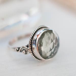 Green Amethyst Ring ~ Statement ~ Gemstone ~ Faceted ~ Handmade ~ Sterling Silver 925 ~ Round ~ Circle ~Thin Band ~Bohemian~Gypsy~Gift~MR124