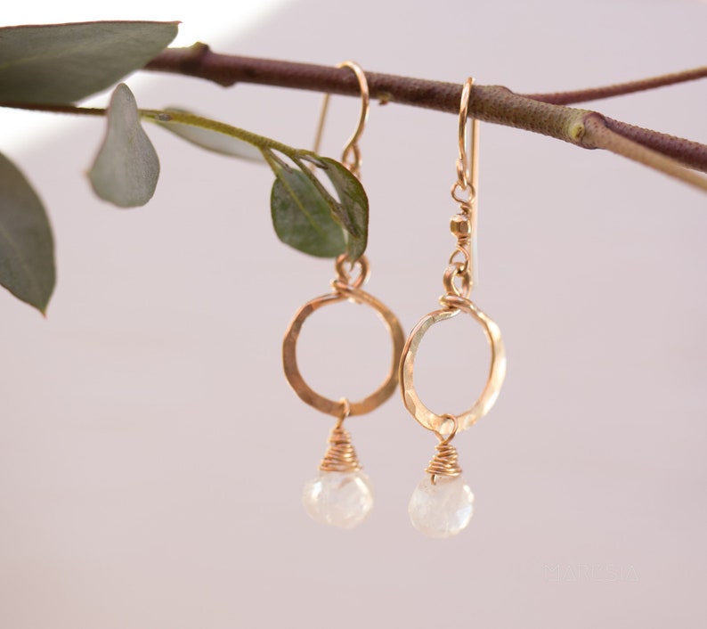 Round Moonstone Earrings ~ 14k Gold Filled ~Dangle ~ Jewelry ~ Natural ~ Organic ~ Everyday~ Delicate~ minimalist Boho ~ Hippie ~ ME033