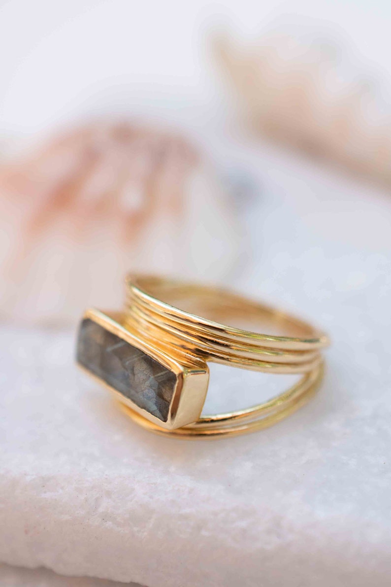 Rainbow Labradorite Ring Rectangular Stone Gemstone Natural 18k Gold Plated Jewelry Handmade February Birthstone MR304 image 4