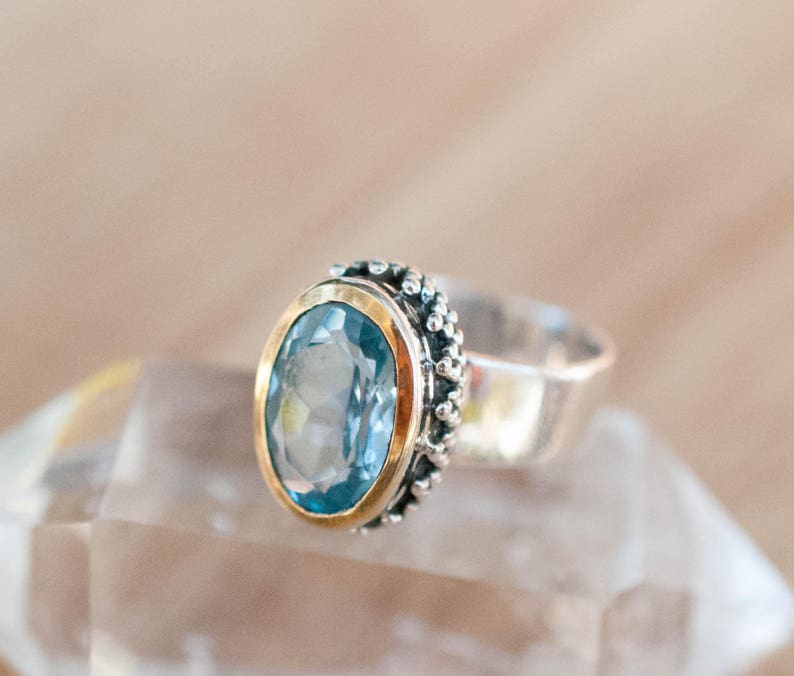 Blue Topaz Ring Statement Gemstone Handmade Faceted Sterling Silver 925 Solitaire Gold November Birthstone Bohemian GiftMR019 image 1