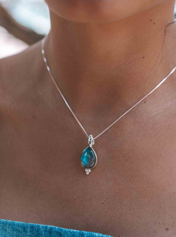 Turquoise, Larimar, Labradorite and Moonstone Tear Drop Necklace ~ Sterling Silver ~ Charm ~ Layered ~ minimalist ~ delicate MN165