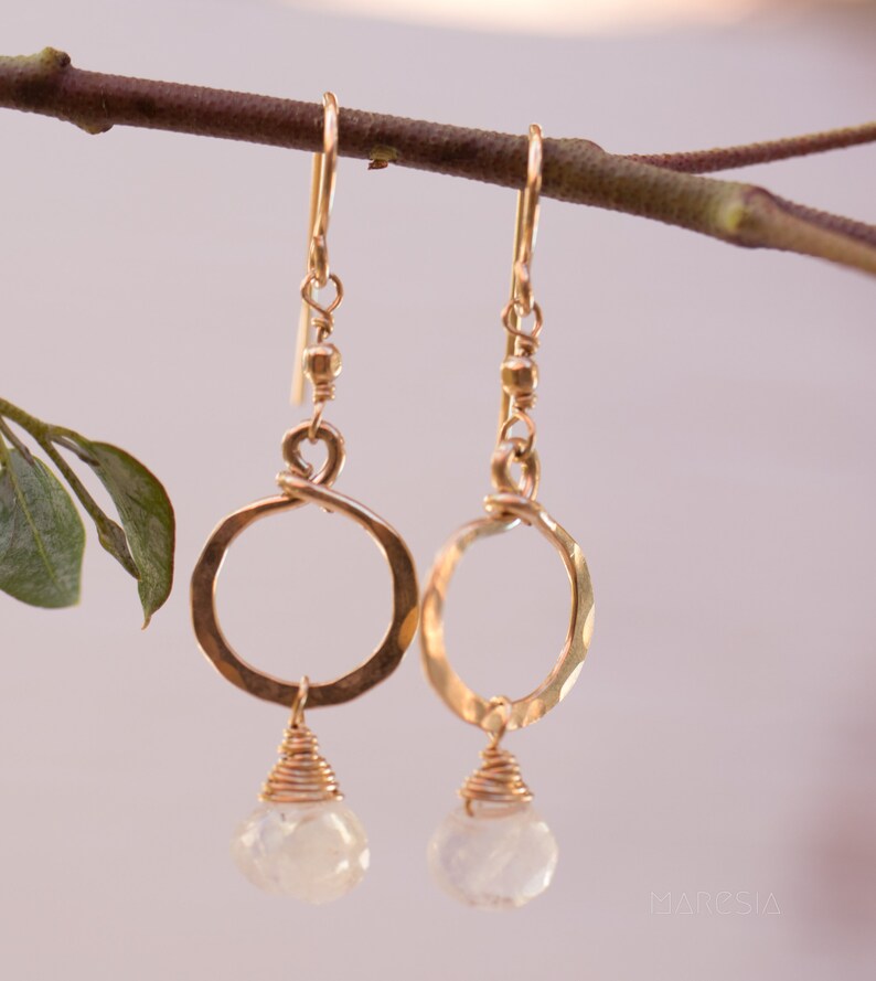 Round Moonstone Earrings ~ 14k Gold Filled ~Dangle ~ Jewelry ~ Natural ~ Organic ~ Everyday~ Delicate~ minimalist Boho ~ Hippie ~ ME033