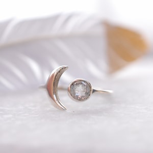 White topaz Ring ~ Sterling Silver 925 ~Handmade ~Adjustable~ Crescent ~Half Moon ~Boho ~Hippie~ Bohemian~Gift For Her MR127