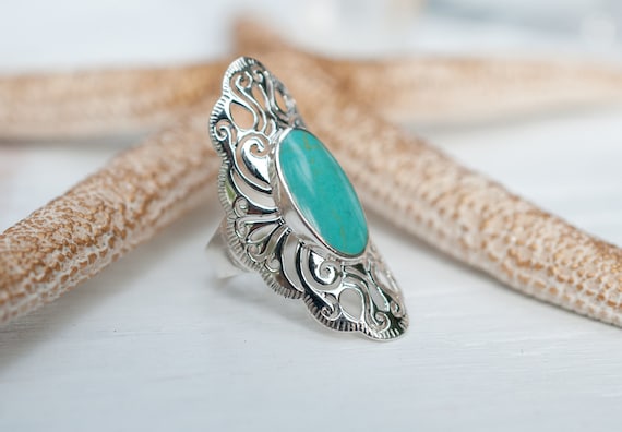 Turquoise stone ring bohemian ring boho silver ring gift for daughter nickle free gift for best friend filigree ring