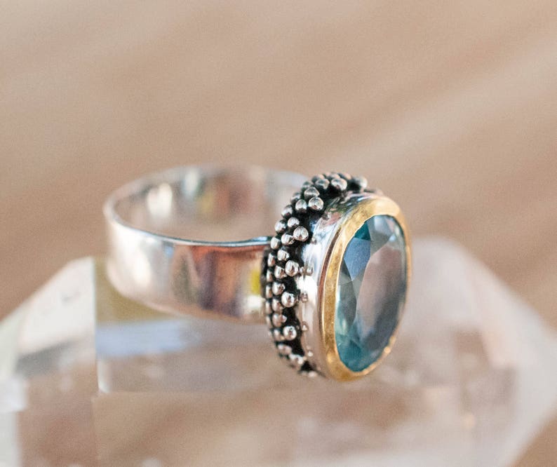 Blue Topaz Ring Statement Gemstone Handmade Faceted Sterling Silver 925 Solitaire Gold November Birthstone Bohemian GiftMR019 image 4