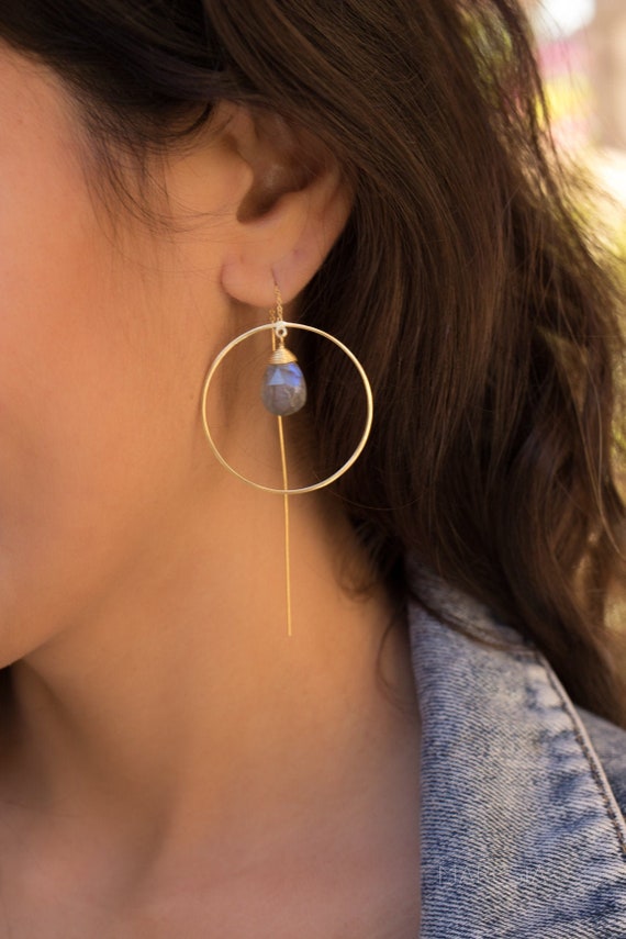 Labradorite Threader Earrings ~ 18k Gold Plated Earrings ~ Circle~  Geometric ~Dangle Earrings ~ Handmade ~ Jewelry ~ Gift for her ~ ME103
