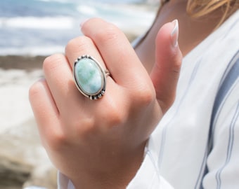 Larimar Ring ~ Statement ~ Gemstone ~ Semi Precious Stone ~ Blue ~ White ~ Natural ~ Organic ~ Sterling Silver 925~ Oval ~Thin Band~MR141