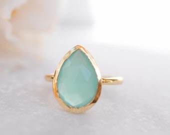 Aqua Chalcedony Gold Ring ~ Tear Drop Ring Delicate ~ 18k Gold Plated~Handmade~Gemstone~Statement~Everyday~Bohemian~ May Birthstone MR028