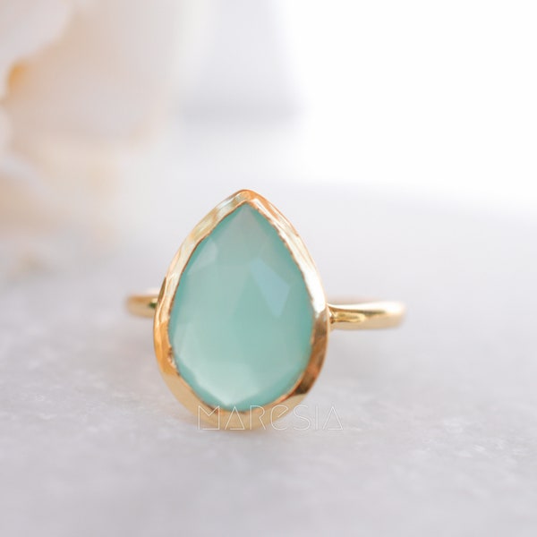 Aqua Chalcedony Gold Ring ~ Tear Drop Ring Delicate ~ 18k Gold Plated~Handmade~Gemstone~Statement~Everyday~Bohemian~ May Birthstone MR028