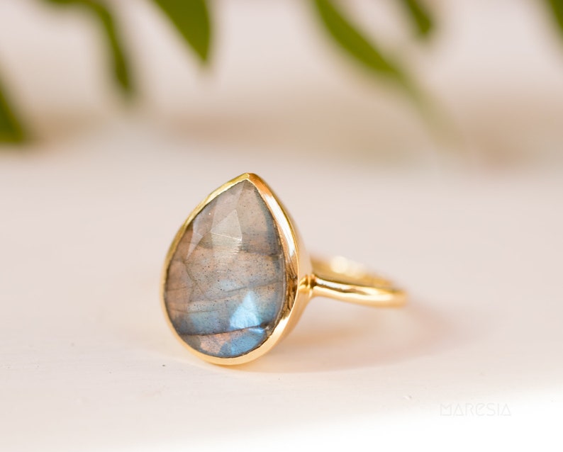 Rainbow Labradorite Tear Drop Ring Gemstone Natural 18k Gold Plated Jewelry HandmadeFebruary Birthstone MR009 image 1