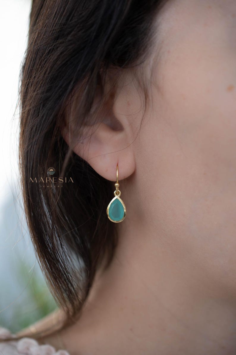 Aqua Chalcedony Tear Drop Earrings ~ Jewelry ~ 18k Gold Plated ~ Natural ~ Minimalist Everyday ~ Gift for Her ~ Boho ~ Hippie ~ ME191 image 2
