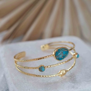 Copper Turquoise Adjustable Bracelet Gold Plated 18k Handmade Statement Hippie Bohemian Jewelry Gift For Her Gemstone Body MB049 image 3