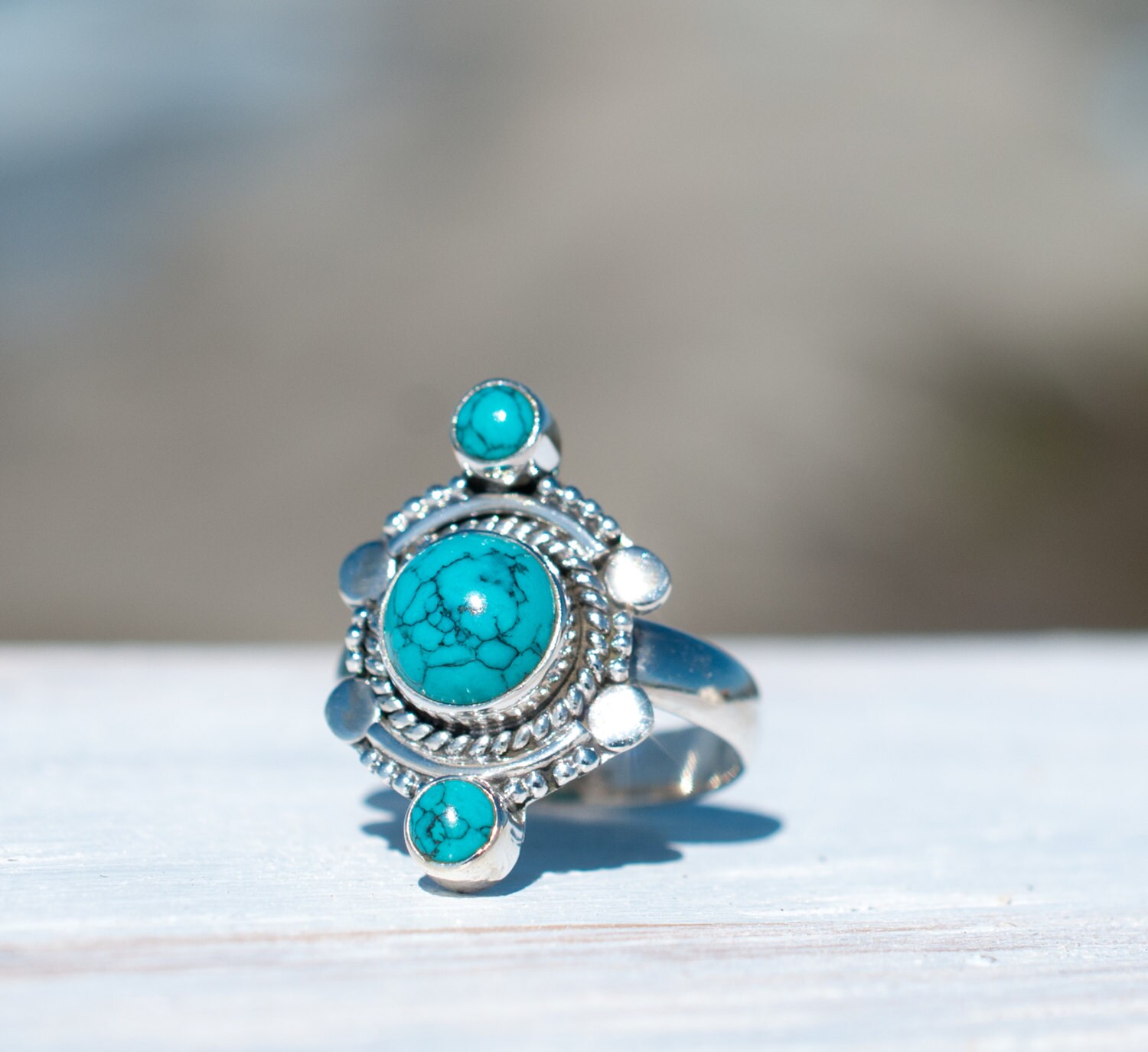 Round Turquoise Ring ~ Sterling Silver 925 ~ Handmade ~ Statement ...
