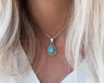 Turquoise Sterling Silver Pendant ~ Blue ~ Pendant ~ Natural ~ Organic ~ Sea ~ Ocean ~ Sterling Silver 925 ~ Hippie ~Handmade~Bohemian~MP003