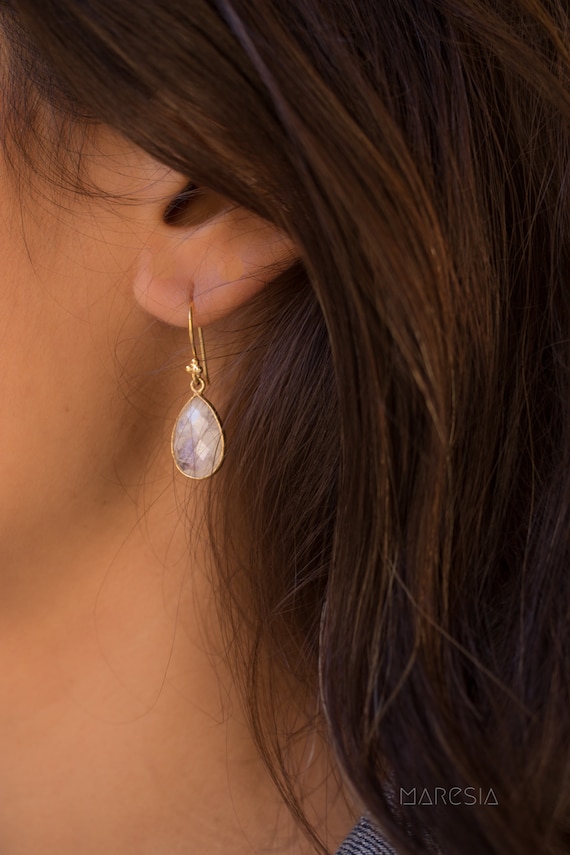 Moonstone Earrings Gold Vermeil dangle Jewelry Natural Organic Everyday  Delicate Minimalist Boho Hippie ME112 - Etsy