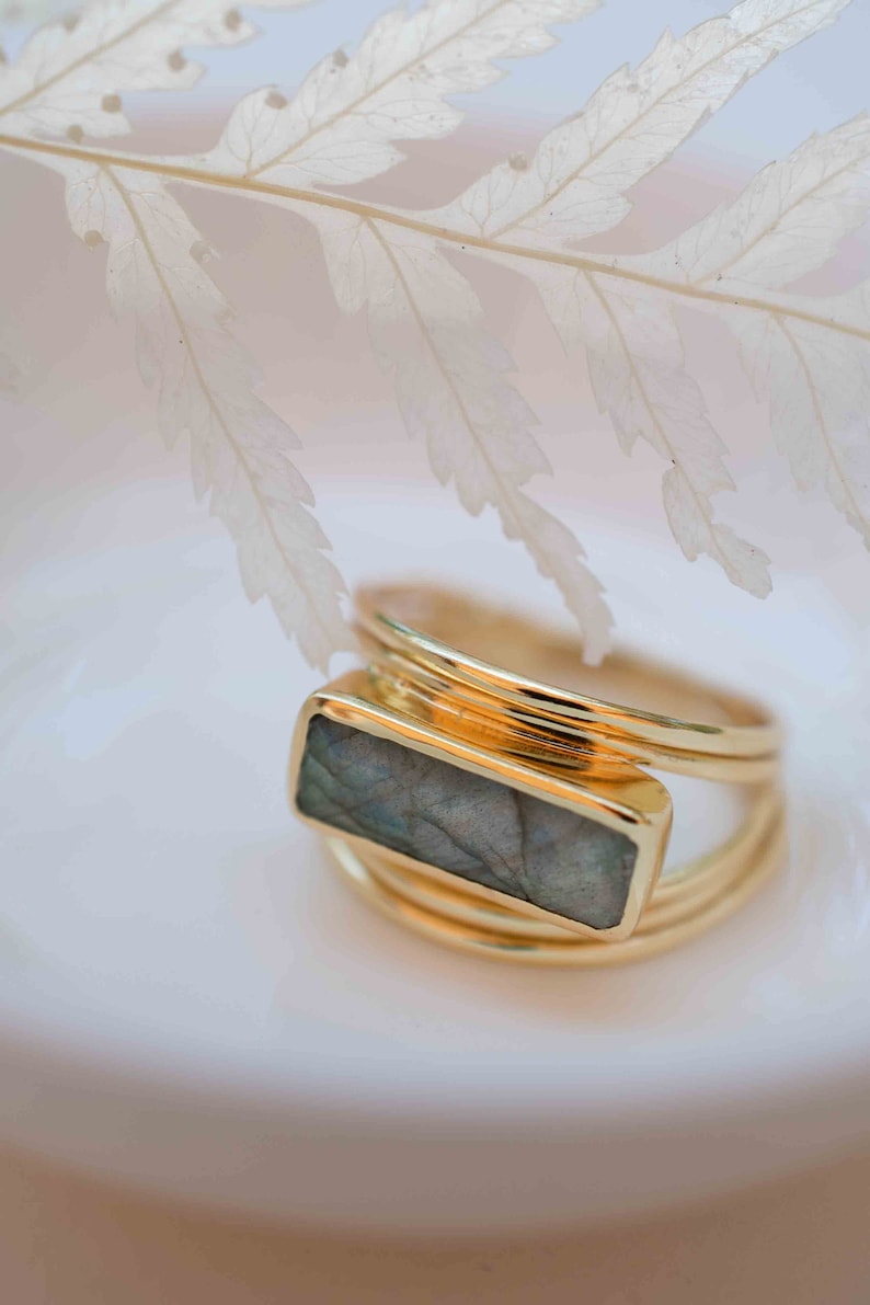 Rainbow Labradorite Ring Rectangular Stone Gemstone Natural 18k Gold Plated Jewelry Handmade February Birthstone MR304 image 7