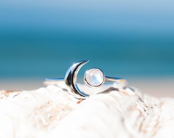 Moonstone Ring ~ Sterling Silver 925 ~Handmade ~Adjustable~ Crescent ~Half Moon ~Boho ~Hippie~ June Birthstone~ Bohemian~Gift For Her MR116