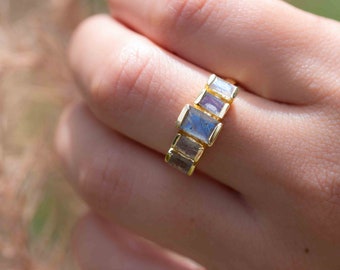 Rainbow Labradorite Ring ~ Rectangular Stone~ Gemstone ~ Natural ~ 18k Gold Plated ~ Jewelry ~ Handmade ~ February Birthstone ~ MR317