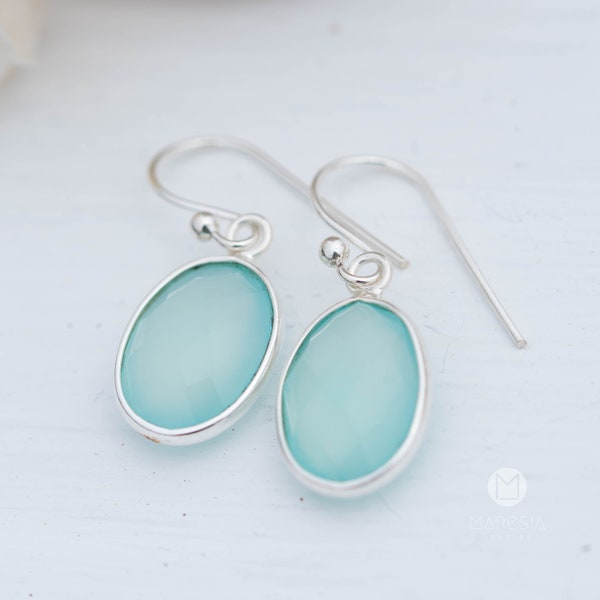 Aqua Chalcedony Earrings~ Sterling Silver 925 ~Dangle Earrings ~Silver Earrings ~Teal Chalcedony ~ Oval Drop ~ Gemstone ~Natural Stone ME157