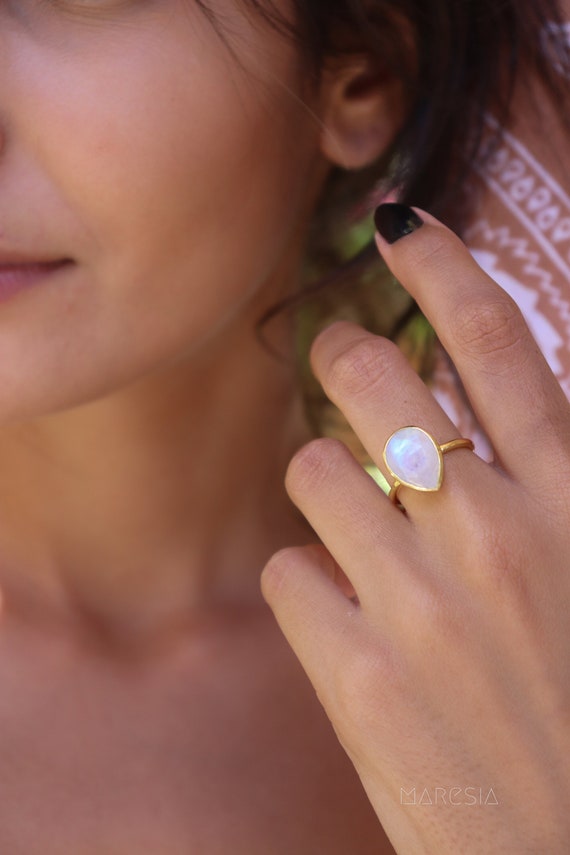 Rainbow Moonstone Tear Drop Ring ~ Gemstone ~ Natural ~ 18k Gold Plated ~ Jewelry ~ Handmade~June Birthstone - MR147