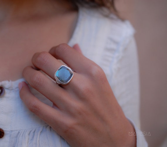 Rainbow Labradorite Square Ring ~ Gemstone ~ Natural ~sterling
