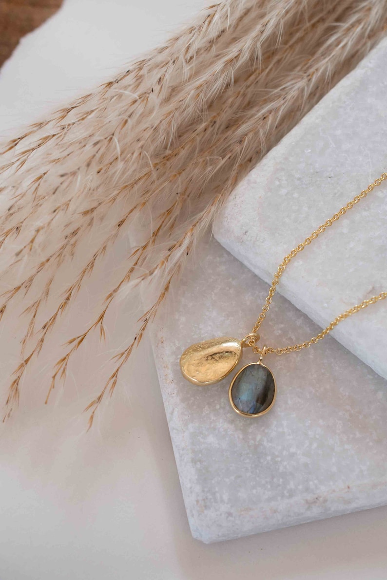 Labradorite, Copper Turquoise or Moonstone Necklace Charm Gold plated 18k Bohemian Nugget MN114 image 8