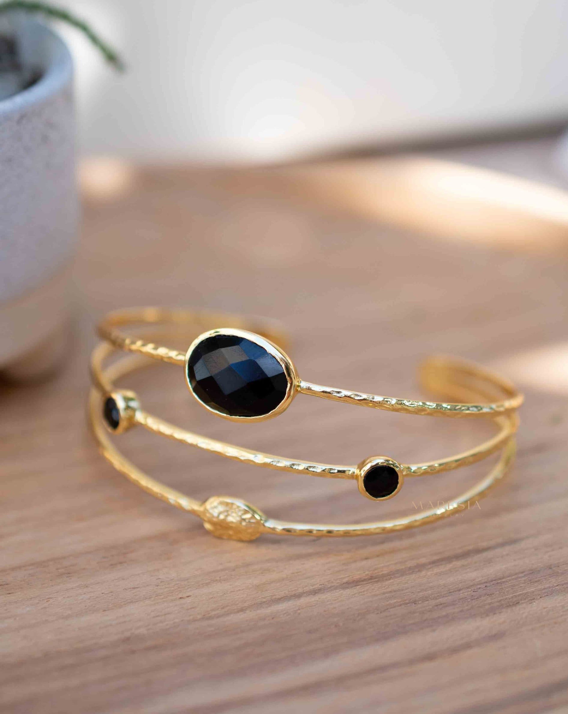 Black Onyx Adjustable Bracelet ~ Gold Plated 18k ~ Handmade