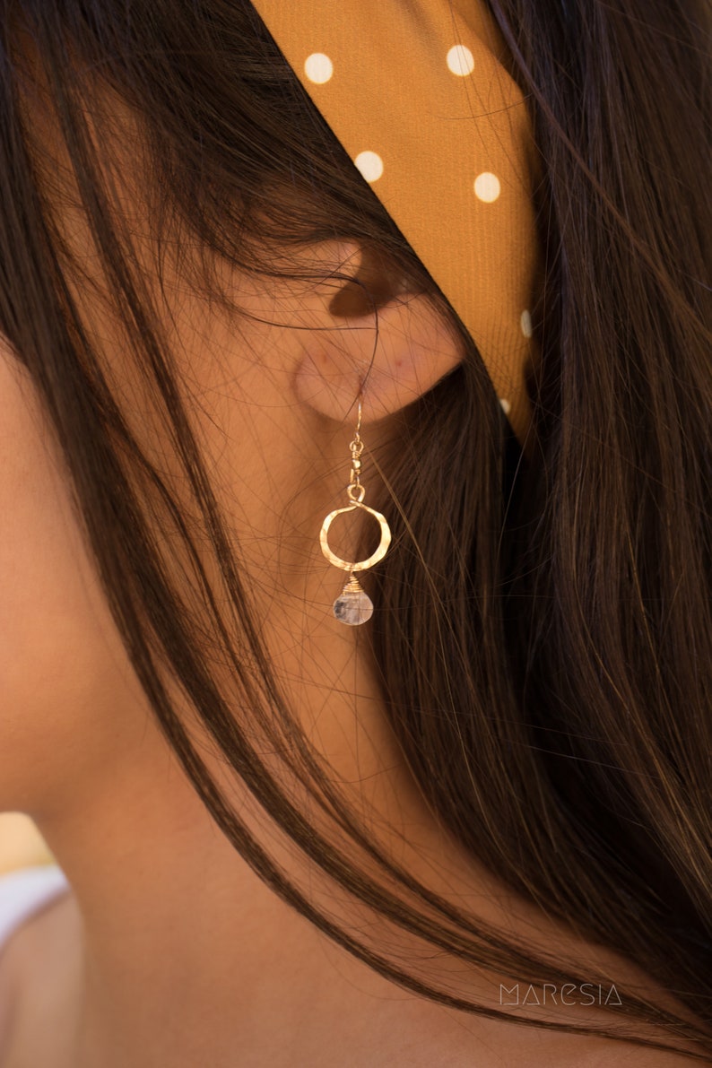 Round Moonstone Earrings ~ 14k Gold Filled ~Dangle ~ Jewelry ~ Natural ~ Organic ~ Everyday~ Delicate~ minimalist Boho ~ Hippie ~ ME033