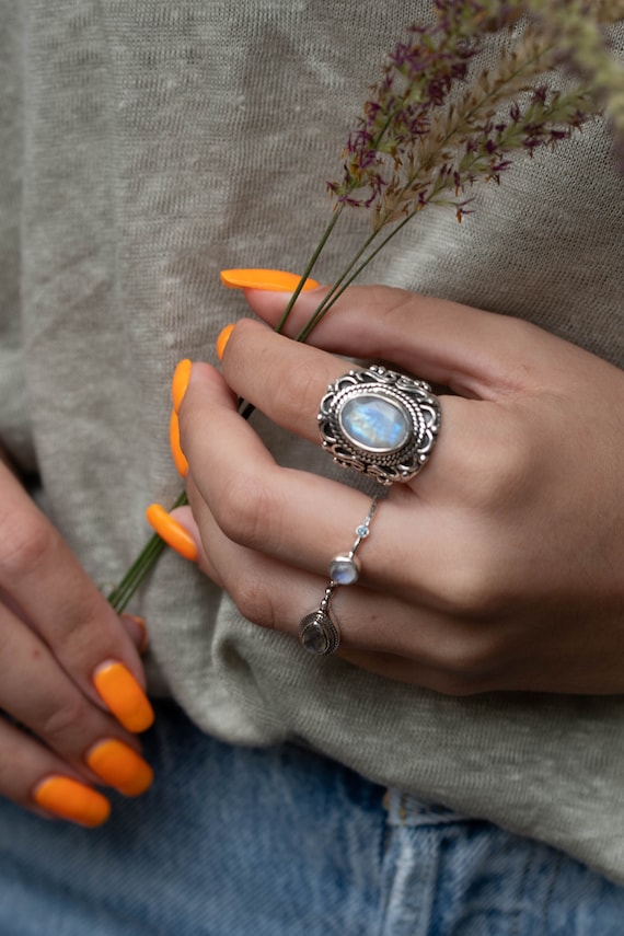 Moonstone Ring June Birthstone Sterling Silver 925 Gemstone Jewelry Statement Boho Handmade Bohemian hippie detailed MR268 Etsy