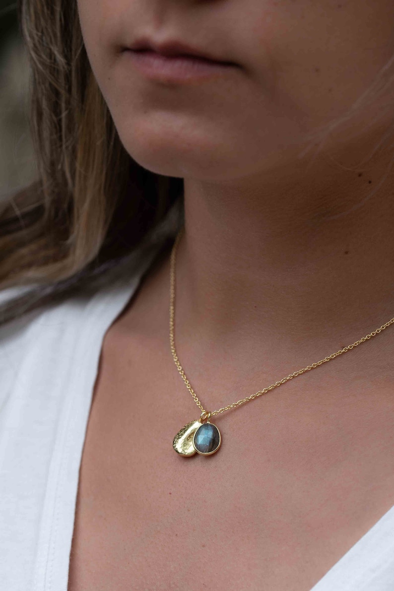 Labradorite, Copper Turquoise or Moonstone Necklace Charm Gold plated 18k Bohemian Nugget MN114 Labradorite
