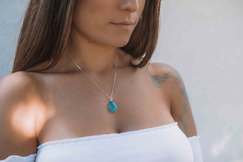 Labradorite, Aqua Chalcedony, Blue Chalcedony, Rose Quartz, Moonstone, Turquoise, Emerald Necklace ~ Tear Drop ~ Sterling Silver ~ Charm MN0 Turquoise